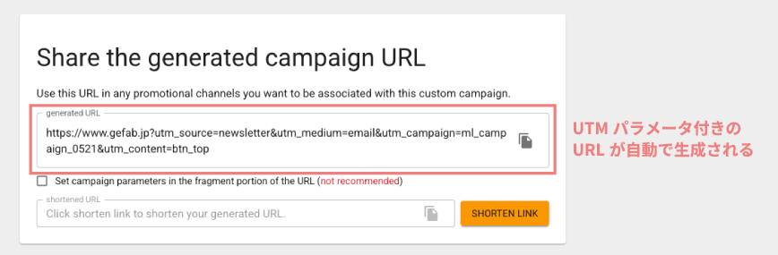 URLビルダーで生成されたUTMパラメータ付きのURL